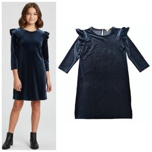 Crewcuts By J.Crew Girl Navy Blue Velvet Velour Shift Dress Ruffle 3/4 Sleeve 14